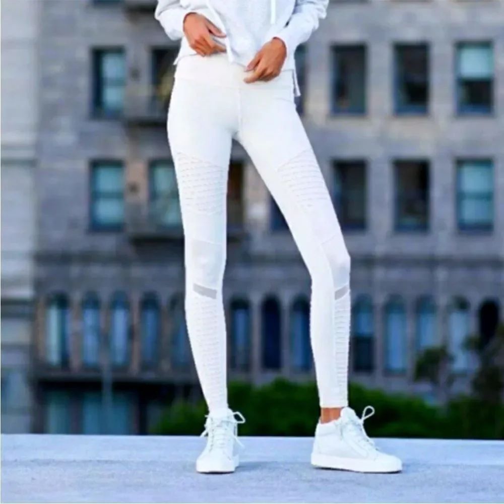 Alo White Moto-Inspired Ribbed Leggings Athletic Gym Workout